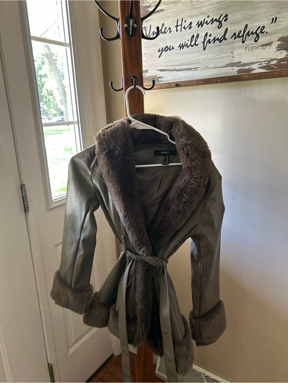 Forever 21 Olive Faux Leather Jacket with Brown Faux Fur Trim